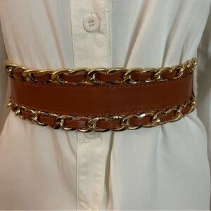 Brown PU leather elastic waistband gold tone braided chain belt